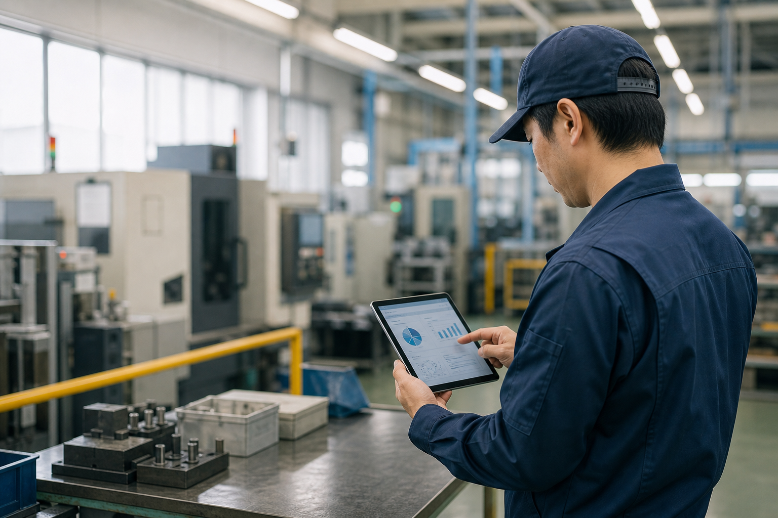 日本の製造工場内でタブレットを使い生産データを確認する原価管理担当者