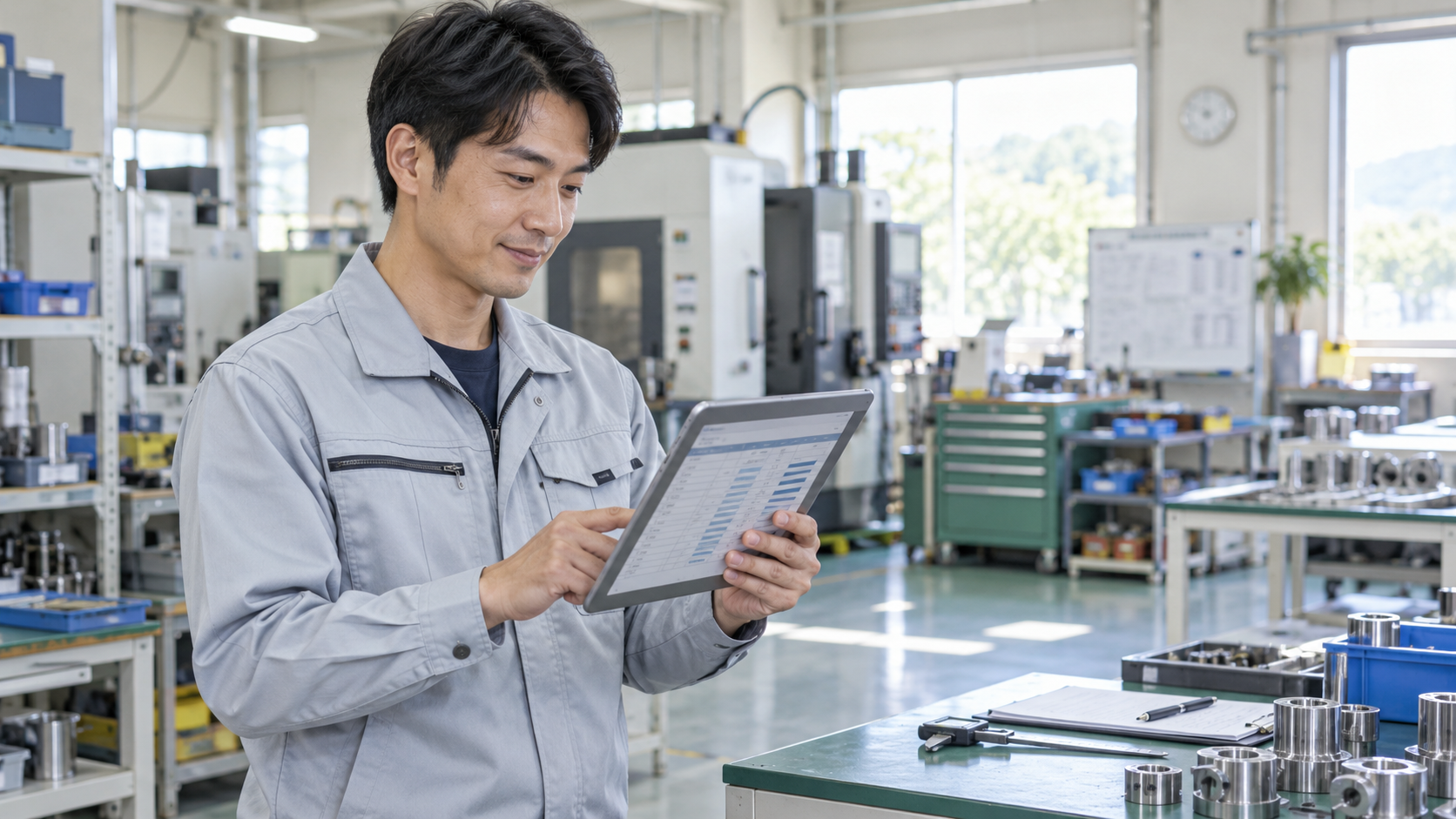 明るい日本の中小製造工場で作業服の男性がタブレットで原価データを確認している様子