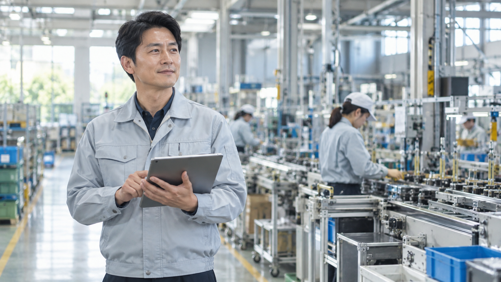 日本の中小製造工場で生産ラインの前に立ち、タブレット端末を使って作業状況を確認する現場責任者の男性