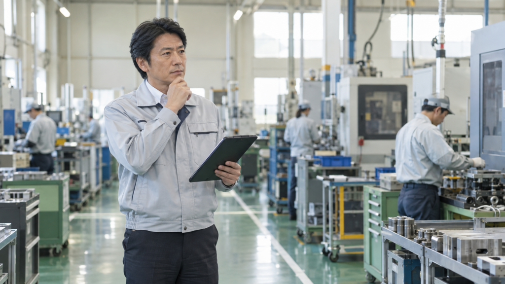 明るい日本の製造工場で現場の作業状況を確認しながら考え込む工場長の男性