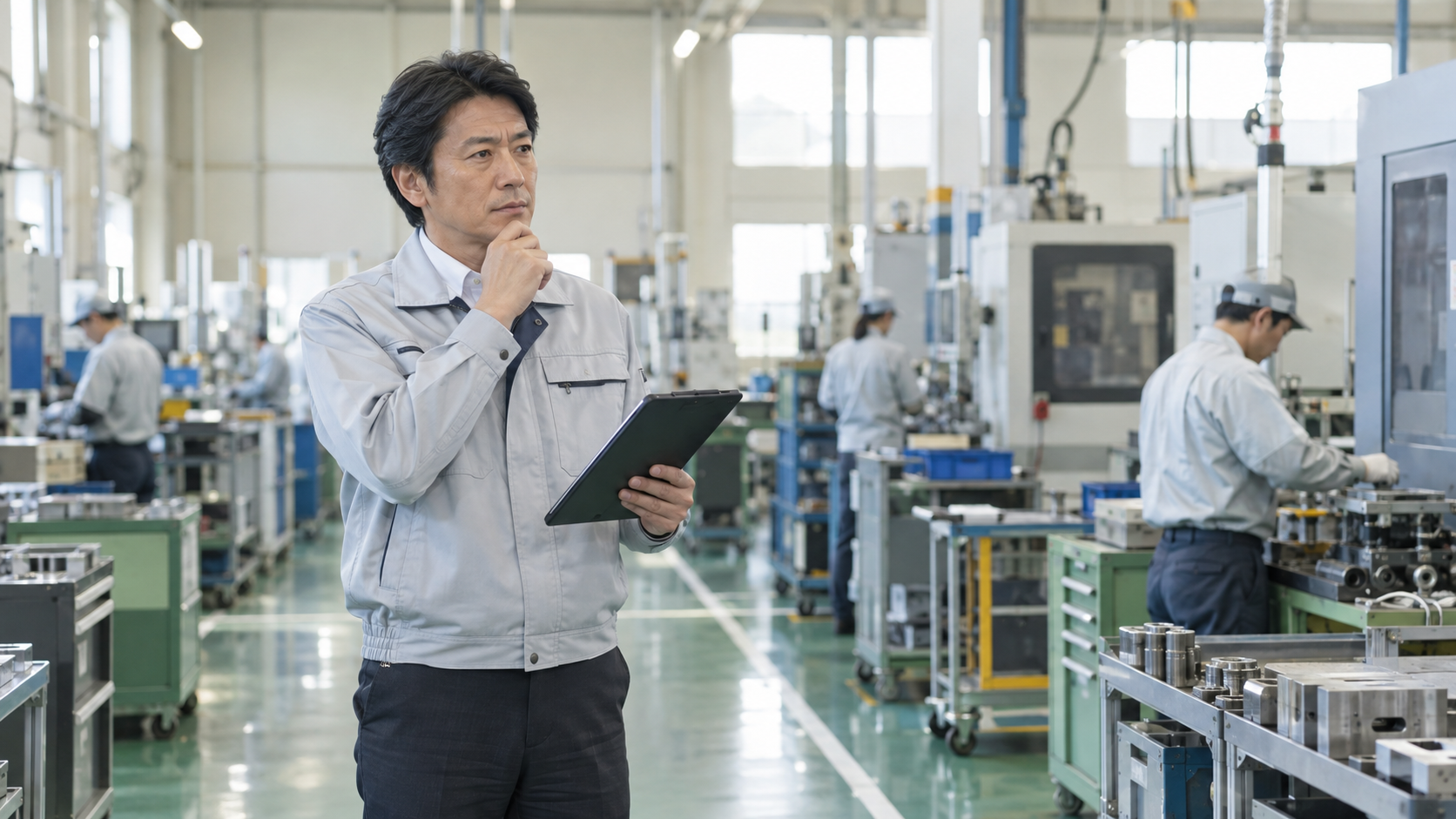 明るい日本の製造工場で現場の作業状況を確認しながら考え込む工場長の男性