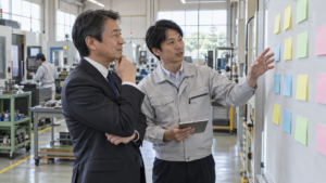 日本の中小製造業の工場で、工場責任者と経営者が付箋ボードを見ながら打ち合わせしている様子