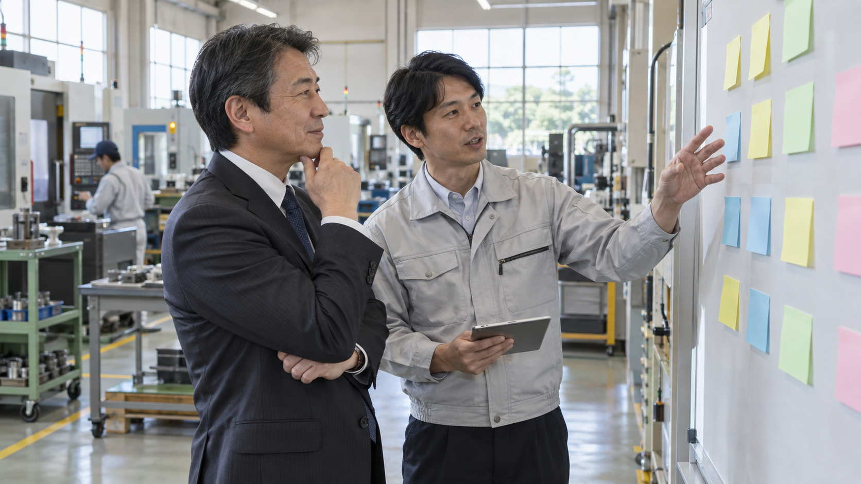 日本の中小製造業の工場で、工場責任者と経営者が付箋ボードを見ながら打ち合わせしている様子