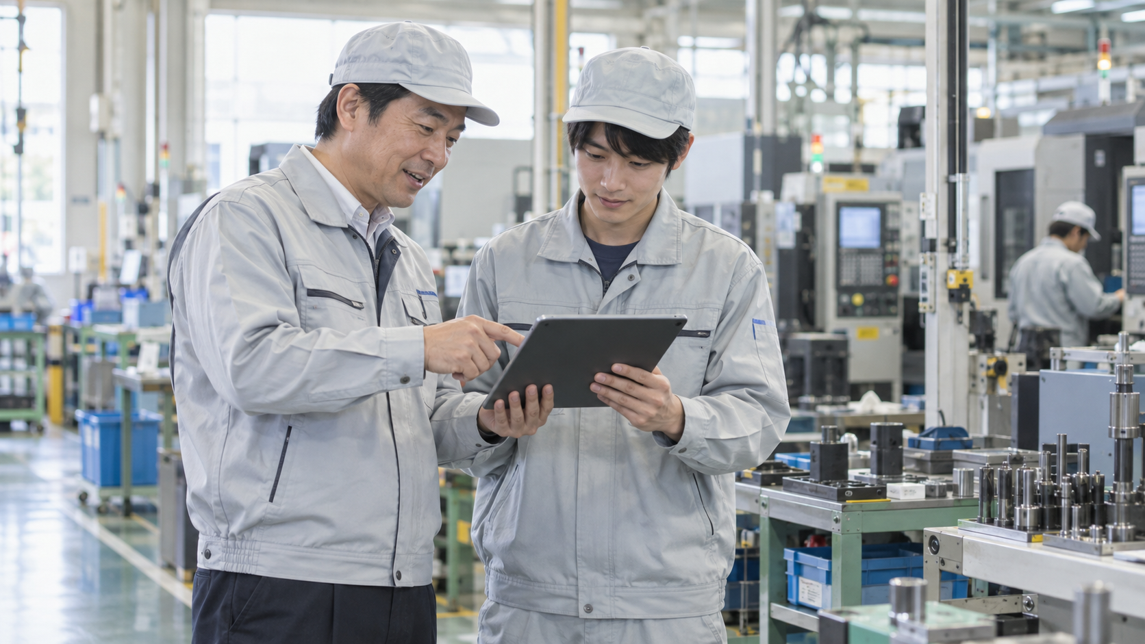 明るい日本の製造現場で現場改善責任者と若手作業者がタブレットで作業手順を確認している様子