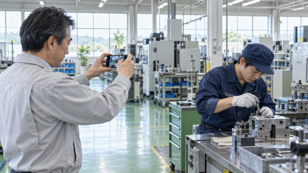 日本の製造工場で、中年の工場長がスマートフォンで作業者の手元作業を撮影している様子