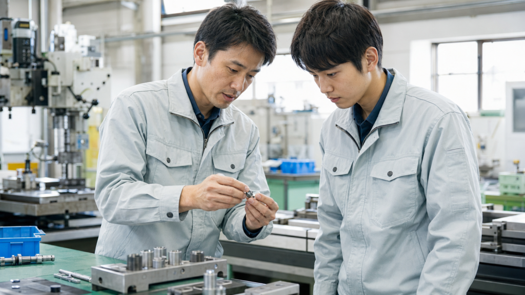 日本の製造工場で先輩社員が新人社員に精密部品の扱いを実演指導する様子