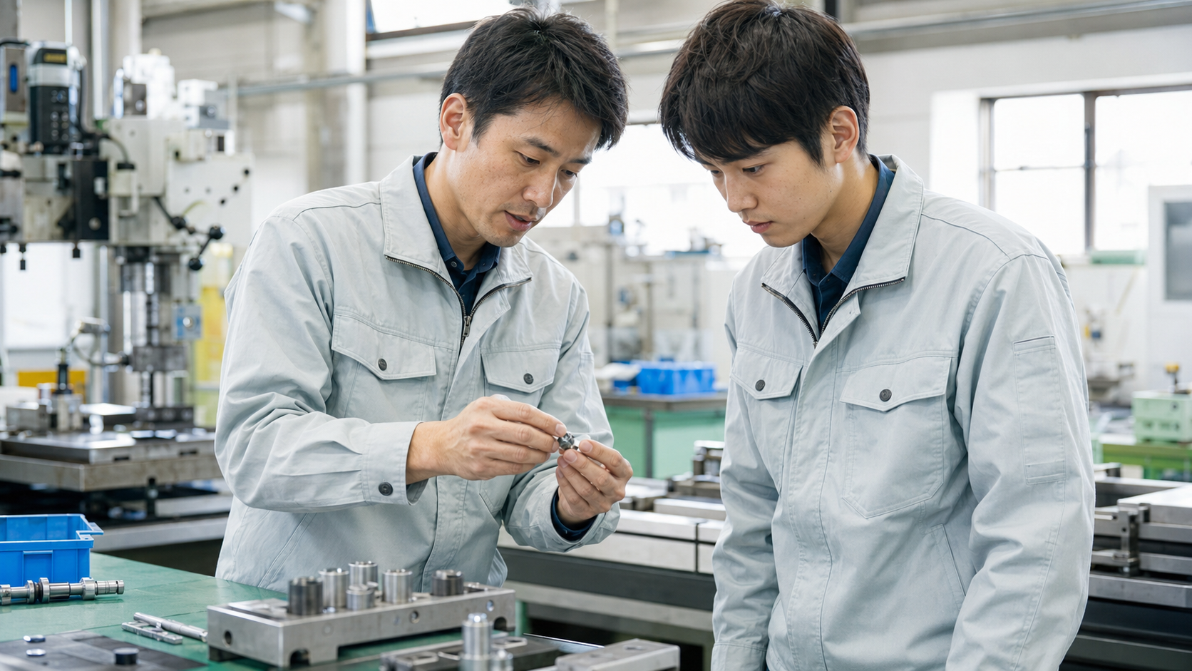 日本の製造工場で先輩社員が新人社員に精密部品の扱いを実演指導する様子