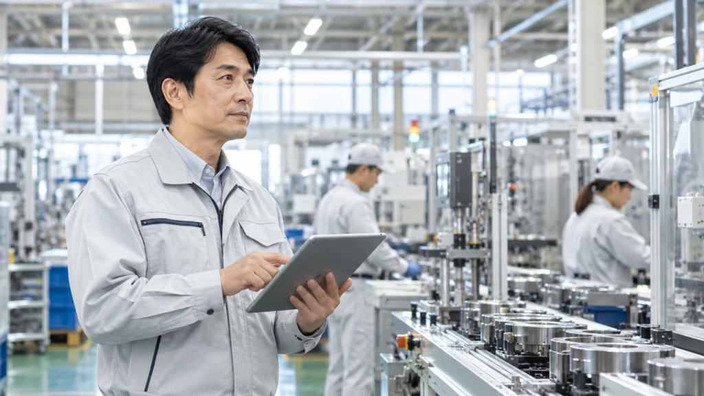 日本の製造工場でタブレットを使用しながら生産ラインを確認する原価管理担当者