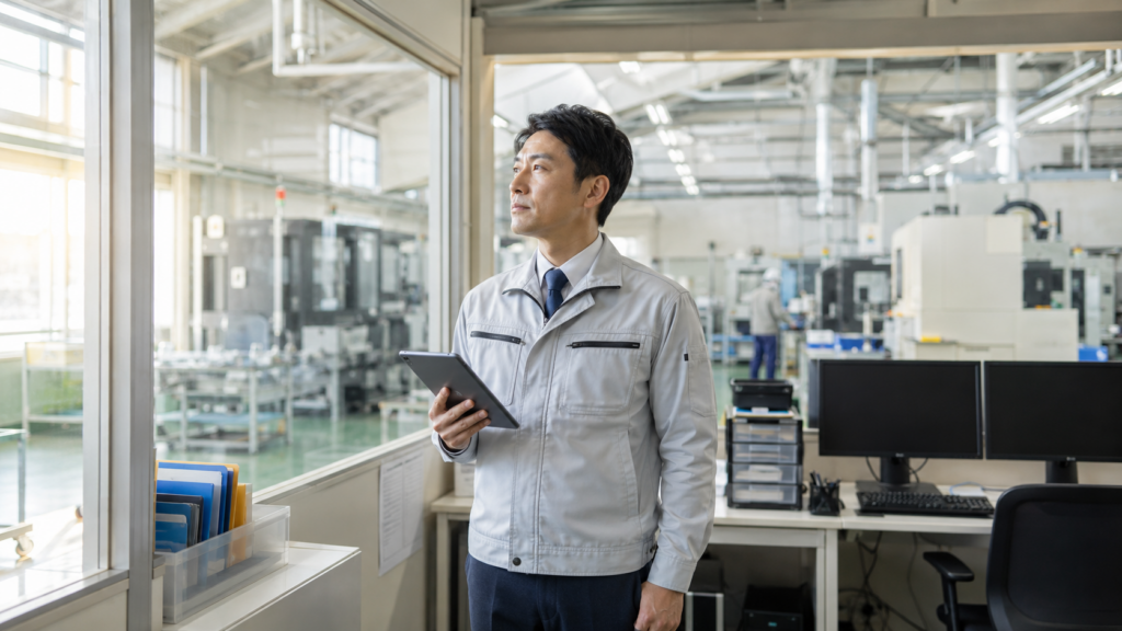 明るい工場事務所で、タブレットを手に生産ラインを見渡しながら考える40代の日本人製造現場責任者