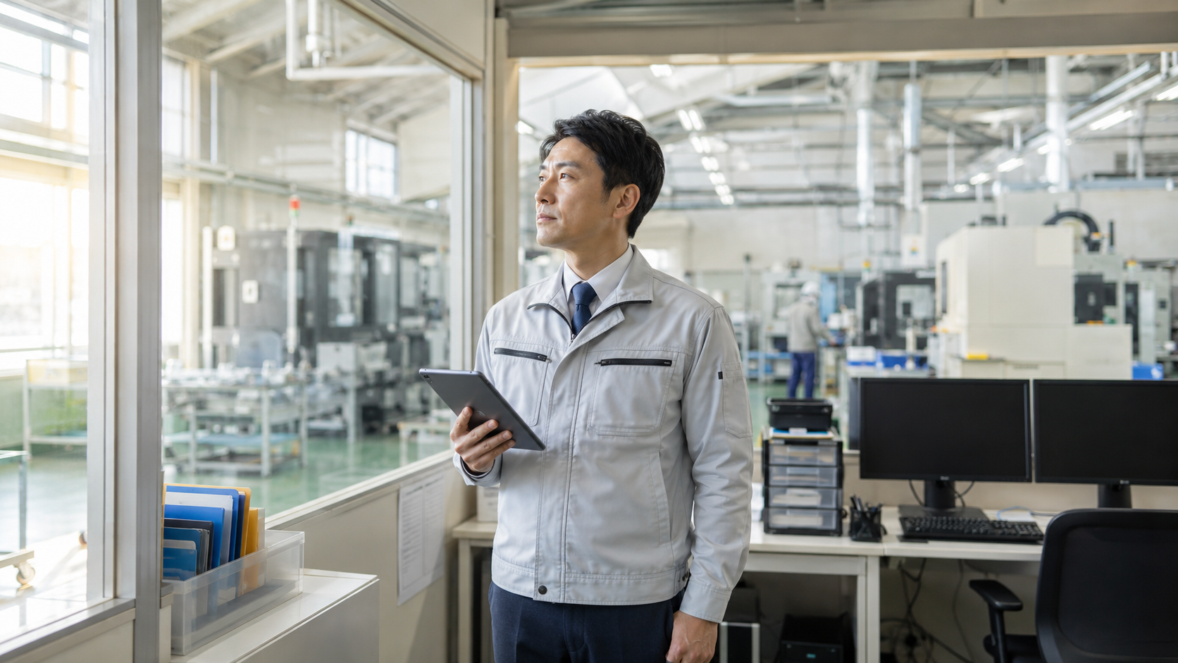 明るい工場事務所で、タブレットを手に生産ラインを見渡しながら考える40代の日本人製造現場責任者