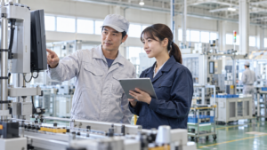 日本の中小製造業の工場で現場担当者とDX推進担当者がタブレットを使いながら生産ラインを確認している様子