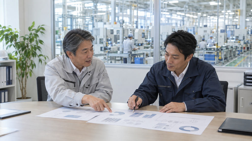 日本の中小製造工場の打ち合わせスペースで工場長と経営者が資料を確認しながら話し合う様子