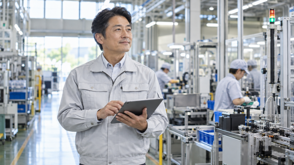 明るい日本の製造工場でタブレットを使って生産ラインの状況を確認する現場改善責任者の男性