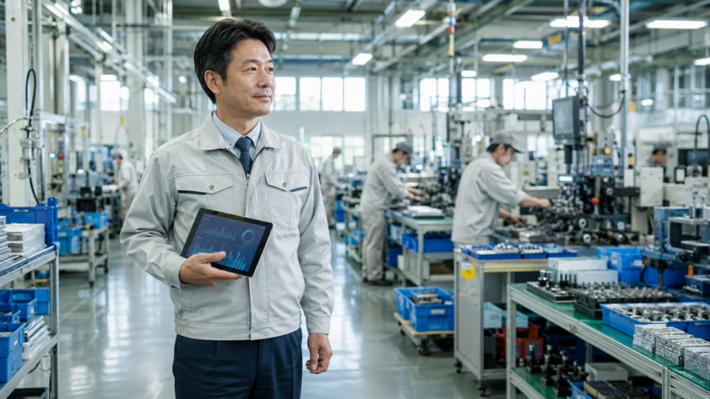 明るく清潔な日本の製造工場で、タブレットを手に生産ラインを確認する40代の日本人男性の現場改善責任者