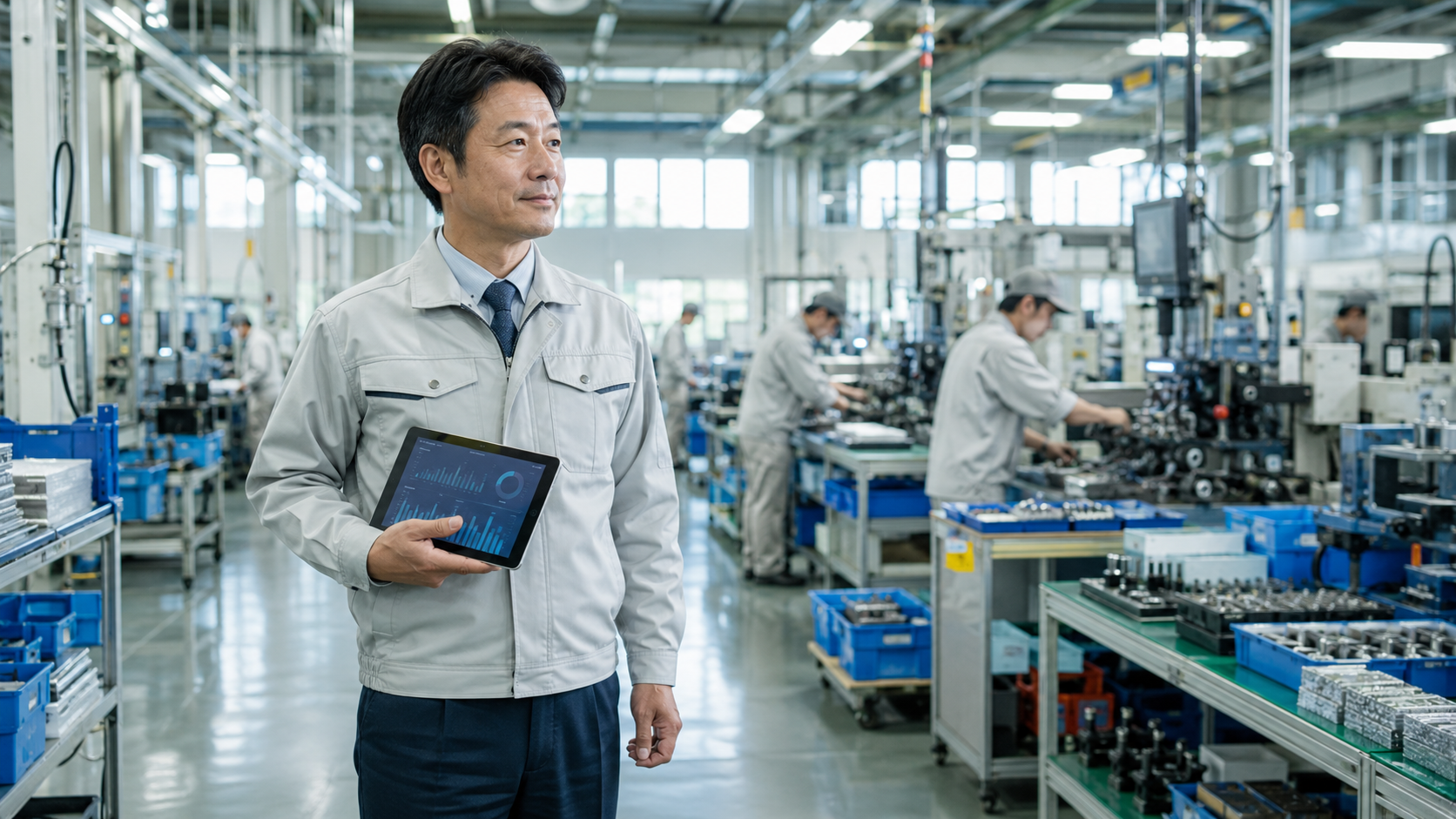 明るく清潔な日本の製造工場で、タブレットを手に生産ラインを確認する40代の日本人男性の現場改善責任者