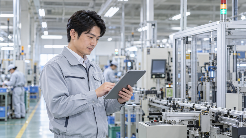 日本の製造工場でタブレットを使って生産実績データを確認する生産管理担当者