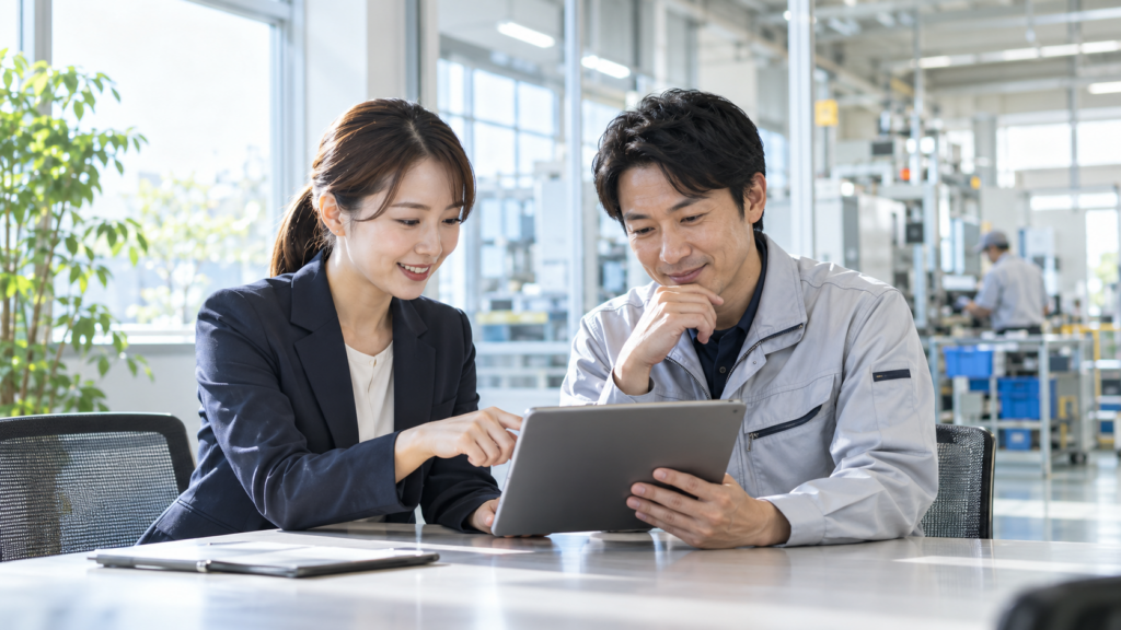 明るい製造工場の会議スペースで人事担当者と現場リーダーがタブレットのスキル評価表を確認している様子
