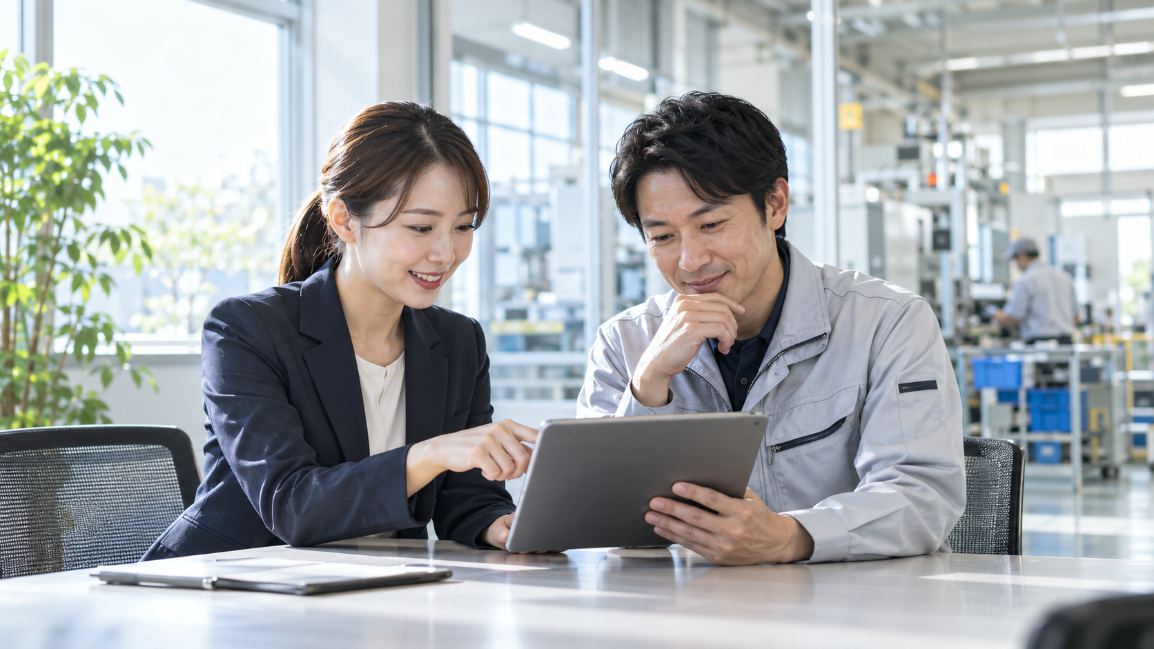 明るい製造工場の会議スペースで人事担当者と現場リーダーがタブレットのスキル評価表を確認している様子