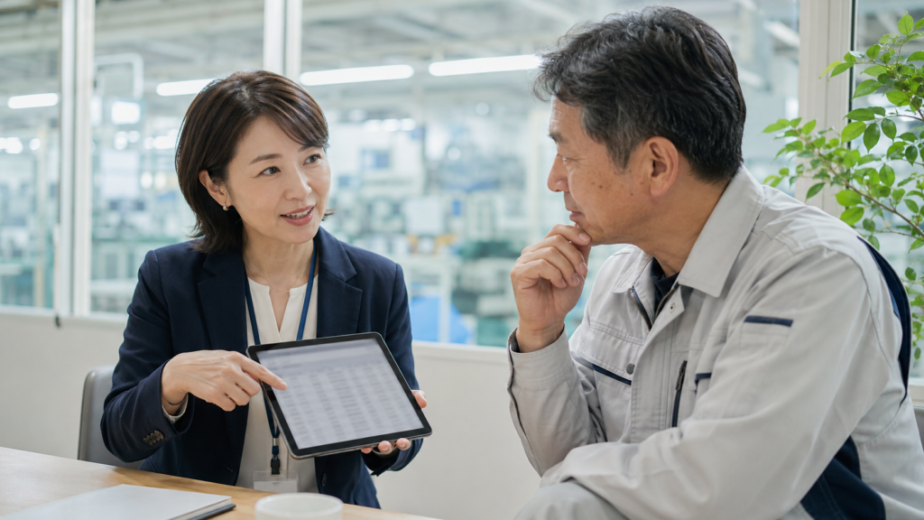 日本の製造工場で人事・教育担当者と現場責任者がタブレットを見ながら人材育成について話し合う様子