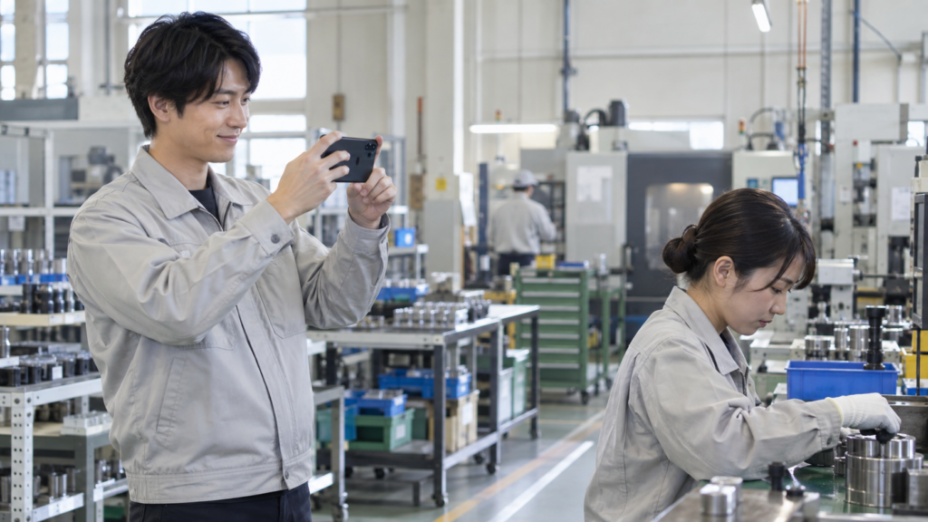 明るい日本の製造工場でスマートフォンを使って同僚の作業風景を撮影する20代後半の日本人男性作業員