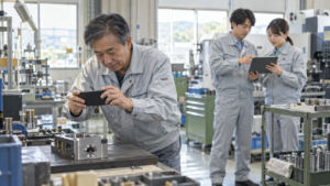 日本の中小製造工場でベテラン作業者がスマートフォンで作業工程を撮影し、若手社員がタブレットで手順を確認している様子