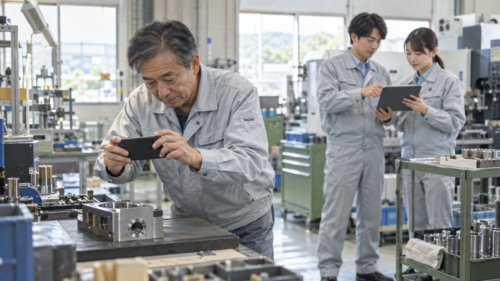 日本の中小製造工場でベテラン作業者がスマートフォンで作業工程を撮影し、若手社員がタブレットで手順を確認している様子