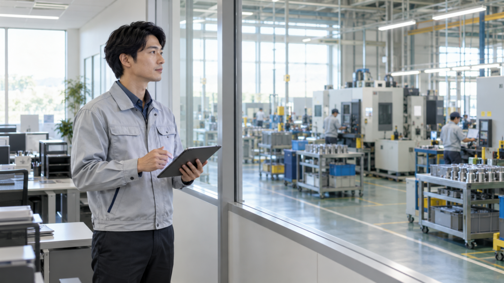 明るい製造工場でタブレットを使い生産ラインを確認する30代の日本人男性の生産管理担当者