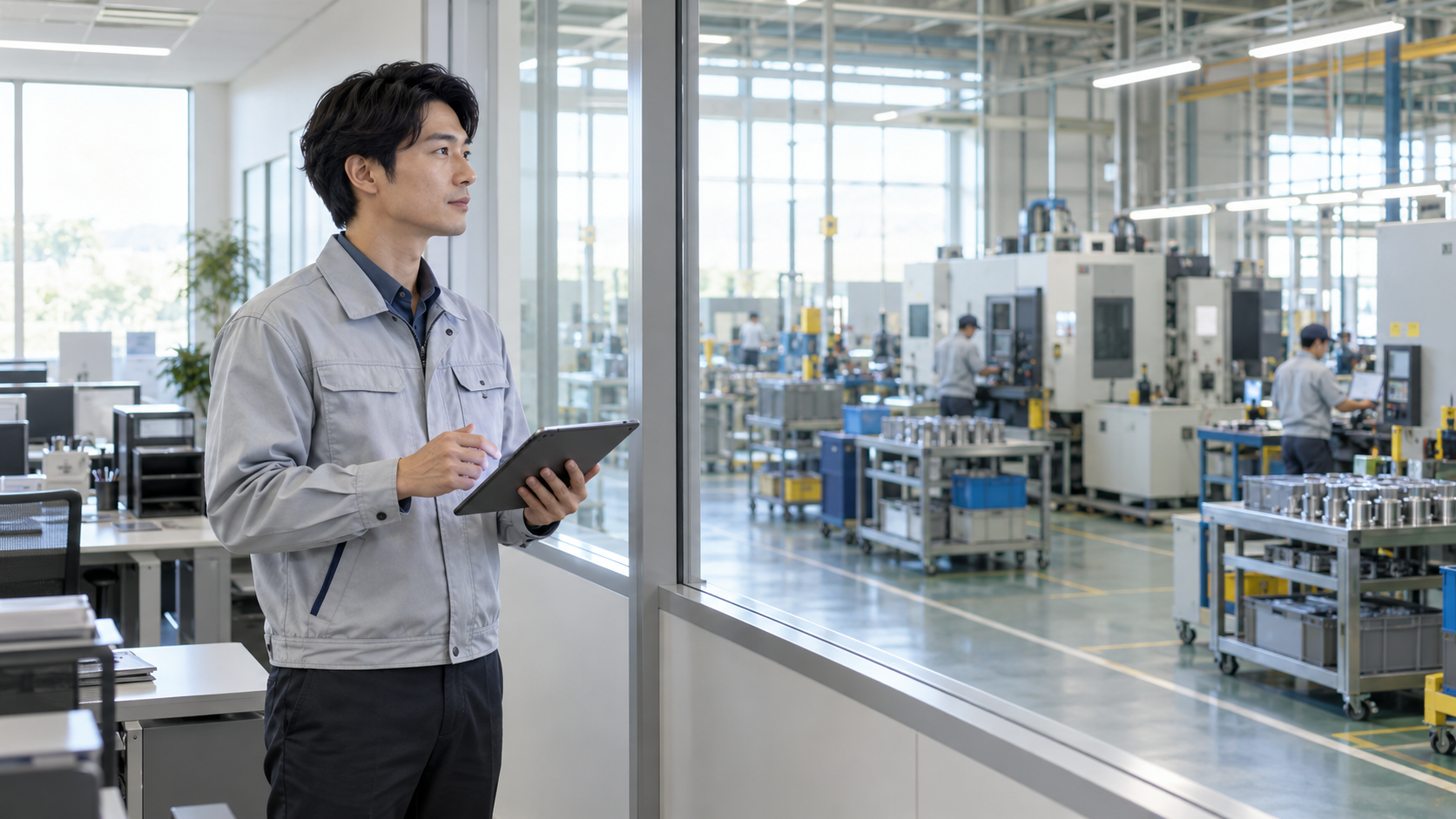 明るい製造工場でタブレットを使い生産ラインを確認する30代の日本人男性の生産管理担当者