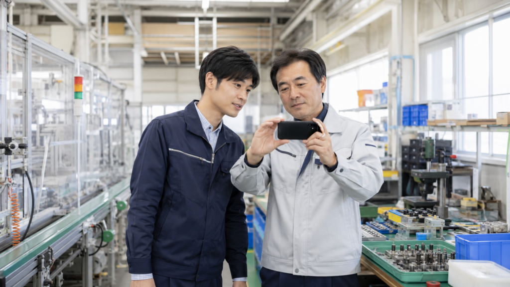 明るい日本の製造工場で、現場改善責任者と若手作業者がスマートフォンで生産ラインの作業工程を確認している様子